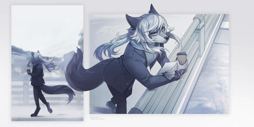 anthro blue_eyes clothed clothing coffee_cup container cup ears_back female female_anthro fur grey_body grey_fur grey_hair hair holding_coffee_cup holding_container holding_cup holding_object mouth_closed multicolored_hair outside pivoted_ears solo standing text two_tone_hair white_body white_fur white_hair unknowhiter canid canine mammal 2024 artist_name dated hi_res