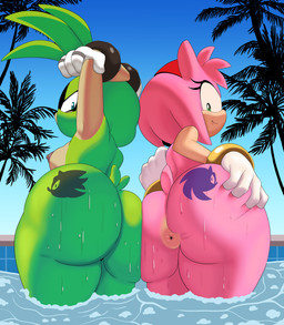 anthro areola big_butt black_nose blue_eyes breasts butt butt_tattoo duo eyebrows female female/female fingers green_body green_eyes nipples outside pink_body smile tail tattoo water wet_butt scrabble007 idw_publishing sega sonic_the_hedgehog_(comics) sonic_the_hedgehog_(idw) sonic_the_hedgehog_(series) amy_rose shadow_the_hedgehog sonic_the_hedgehog surge_the_tenrec afrosoricid eulipotyphlan hedgehog mammal tenrec 2026 absurd_res digital_media_(artwork) hi_res