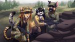 anthro ar-15 army_uniform barrett_m82 blue_eyes bottomwear brown_eyes camo camo_clothing camo_print clothing detailed_background eyelashes female fluffy fluffy_tail grass green_eyes group gun hair kneeling legwear long_hair looking_at_viewer m4a1 male multicolored_body outside pattern_clothing plant ranged_weapon smile spots tail topwear weapon zankraken canid canine canis domestic_dog felid german_shepherd herding_dog mammal pantherine pastoral_dog snow_leopard tiger 16:9 4k absurd_res digital_drawing_(artwork) digital_media_(artwork) hi_res signature widescreen