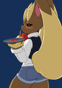anthro big_ears black_sclera blush bottomwear bow_tie brown_body brown_fur clothed clothing collared_shirt condom denim denim_bottomwear denim_clothing denim_shorts fur holding_tray looking_at_viewer male pink_inner_ear red_bow_tie red_eyes sexual_barrier_device shirt shorts topwear unused_condom vest wrapped_condom vulapa nintendo pokemon cappuccino_(vulapa) generation_4_pokemon lopunny pokemon_(species) alpha_channel hi_res