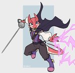 anthro blue_eyes cape clothing electricity electricity_manipulation elemental_manipulation fantasy female magic magic_user melee_weapon pink_body rapier solo spurs sword weapon wrappings sorc vahruunir_(titania) kobold scalie hi_res