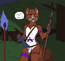 anthro beckoning bedroom_eyes bottomwear brown_body clothed clothing clothing_lift flaccid foreskin forest front_view fur genitals gesture humanoid_genitalia humanoid_penis loincloth loincloth_lift loincloth_only looking_at_viewer male markings melee_weapon narrowed_eyes nature nature_background nipples nude partially_clothed penis plant polearm seductive smile solo spear speech_bubble tail text topless tree tribal tribal_markings undressing weapon ringpaw vance_(zephyrnok) mammal procyonid raccoon 2022 digital_drawing_(artwork) digital_media_(artwork) english_text hi_res portrait three-quarter_portrait
