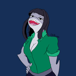 anthro big_breasts black_eyes black_hair breasts clothing collared_shirt elbow_fin eyebrows female fingers front_view green_clothing green_shirt green_topwear hair half-closed_eyes hand_on_hip humanoid_hands laugh long_hair looking_at_viewer narrowed_eyes non-mammal_breasts open_mouth open_smile pose raised_eyebrow sharp_teeth shirt simple_background smile solo teeth text topwear transparent_background anfitrionaaa cavemanon_studios snoot_game daniela_sanchez fan_character aquatic fish shark 1:1 absurd_res alpha_channel artist_name colored half-length_portrait hi_res portrait shaded trans_(lore) trans_woman_(lore)