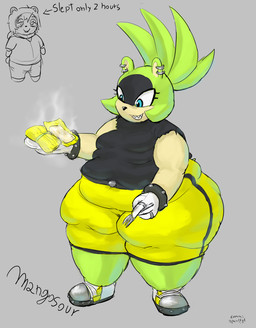 anthro belly_rolls blue_eyes bottom_heavy bottomwear bracelet breasts clothed clothing cutlery digit_ring duo female finger_ring food footwear fork gloves green_body green_hair grey_background grin hair handwear holding_food holding_fork holding_object huge_hips huge_thighs jewelry kitchen_utensils muffin_top obese obese_anthro obese_female overweight overweight_anthro overweight_female pants pear-shaped_figure sharp_teeth shirt shoes simple_background small_breasts smile solo_focus steam tamales teeth text thick_thighs three-quarter_view tired tools topwear white_clothing white_gloves white_handwear wide_hips mangosour idw_publishing sega sonic_the_hedgehog_(comics) sonic_the_hedgehog_(idw) sonic_the_hedgehog_(series) artist_self-insert surge_the_tenrec afrosoricid mammal tenrec 2025 digital_drawing_(artwork) digital_media_(artwork) english_text full-length_portrait hi_res portrait signature