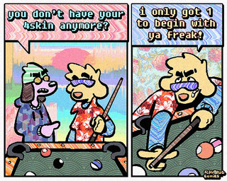 2_panel_comic aloha_shirt anthro ball beanie billiard_ball billiard_table black_body black_fur clothing cue_stick dialogue duo eyewear floppy_ears fur furniture half-closed_eyes hat headgear headwear hoodie humor male narrowed_eyes pattern_clothing pattern_shirt pattern_topwear purple_body purple_fur shirt speech_bubble sunglasses table text topwear yellow_body yellow_fur rawdawgcomics stahli_(rawdawgcomics) bird_dog canid canine canis domestic_dog golden_retriever hunting_dog mammal retriever 5:4 comic english_text
