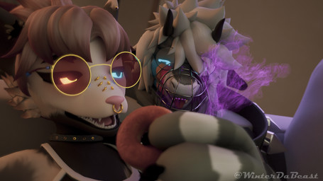 anthro big_collar clothed clothing collar dessert doughnut duo eyewear facial_piercing feeding female food glasses glowing glowing_eyes hair heterochromia horn muzzle_(object) nose_piercing nose_ring open_mouth oversized_collar pastry pheromones piercing ring_piercing smile tongue weight_gain winterdabeast blu_(feeelinblu) winter_harkness american_opossum bovid bovine cattle cowmera mamagen mammal marsupial 16:9 3d_(artwork) blender_(artwork) digital_media_(artwork) hi_res widescreen