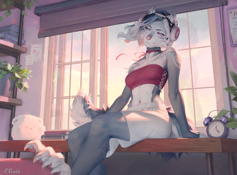 anthro biped bottomwear breasts claws clothed clothed_anthro clothed_female clothing countershade_torso countershading feet female fingers front_view fully_clothed fully_clothed_anthro fully_clothed_female fur hair inside navel sitting smile solo tail toes topwear eruca canid canine mammal 2026 digital_drawing_(artwork) digital_media_(artwork)