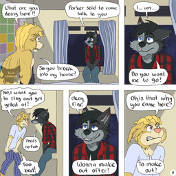 angry anthro blue_eyes clenched_teeth clothing dialogue dressing duo five_frame_image fur grey_body grey_fur holding_clothing holding_object logo male one_ear_up page_number pajamas sitting_on_window snarling teeth teeth_showing text toothy_grin window yellow_body yellow_fur kriek_wildebeest jeremy_(kriek_wildebeest) tom_(kriek_wildebeest) border_collie canid canine canis collie domestic_dog herding_dog husky hybrid mammal nordic_sled_dog pastoral_dog sheepdog spitz wolf 1:1 artist_logo comic english_text hi_res