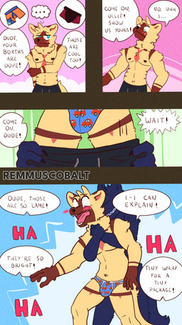 allcaps anthro assisted_exposure black_bottomwear black_clothing black_pants black_sweatpants black_text blue_briefs blue_clothing blue_seam_boxer_briefs blue_text blue_underwear blush bottomwear bottomwear_down boxer_briefs briefs brown_body brown_fur bulge bullying car_underwear childish_briefs childish_underwear clothed clothing colored_seam_boxer_briefs colored_seam_briefs colored_seam_underwear detailed_background dialogue drawstring ellipsis embarrassed explicitly_stated_nonconsent exposed exposed_underwear forced forced_exposure forced_undressing fur green_eyes group humiliation laugh laughing_at_another leaning male male_anthro markings maroon_boxer_briefs nipples open_mouth orange_boxer_briefs orange_clothing orange_underwear pants pants_down pantsing partially_clothed partially_clothed_anthro partially_clothed_male pattern_boxer_briefs pattern_briefs pattern_clothing pattern_underwear penis_humiliation red_boxer_briefs red_clothing red_text red_underwear restrained shocked silence size_difference small_penis_humiliation smaller_male speech_bubble striped_markings stripes sweatpants tan_body tan_fur teeth_showing text thought_bubble tongue_showing topless topless_anthro topless_male underwear undressing undressing_another unwanted_exposure white_seam_briefs remmus_cobalt domestic_cat felid feline felis mammal 4k 9:16 absurd_res comic english_text hi_res