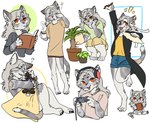 accessory anthro book chibi clothed clothing coat controller digitigrade ear_piercing ear_ring electronics eyewear female female_anthro game_controller glasses hair headband headgear headphones headset long_hair multiple_poses piercing plant plant_pot plushie pose potted_plant ring_piercing round_glasses simple_background sitting solo topwear white_background mayo-san felid feline mammal 2023