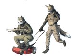 2023 accessory american_mythology anonymous_artist anthro armor bone bulletproof_vest canid canine canis clothed clothing crouching digital_drawing_(artwork) digital_media_(artwork) digitigrade dire_wolf duo electronics female fluffy fur gun headgear helmet hi_res hissukka holding_object holding_weapon indigenous_north_american_mythology john_doe_(john) lawn_mower male male/female mammal meme monster multi_eye mythology north_american_mythology orange_eyes paws phone prehistoric_species ranged_weapon red_eyes shaded simple_background skull skull_head tactical_gear tail tuft weapon wendigo wolf