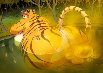 anthro bathing big_breasts big_butt breasts butt death fart fart_bubbles female feral forest fur huge_breasts huge_butt macro plant raised_tail solo striped_body stripes surprised tail tree water yellow_body yellow_fur suzume_333 aquatic avian bird felid fish mammal pantherine tiger hi_res