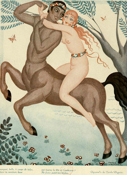 accessory arms_around_neck belly black_hair breasts duo female flower flower_in_mouth genitals green_eyes hair hand_holding headband long_hair looking_at_another male navel nipples nude plant red_hair riding smile smiling_at_another text tree vulva waistband water gerda_wegener european_mythology greek_mythology mythology ambient_arthropod ambient_butterfly ambient_insect centaur equid equid_taur human humanoid_taur mammal mammal_taur taur artist_name french_text hi_res painting_(artwork) translated watercolor_(artwork)