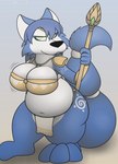 anthro belly big_belly big_breasts blue_body blue_fur blue_hair breasts clothed clothing female fur hair huge_breasts looking_at_viewer lying on_front overweight simple_background smile solo standing tail thick_thighs white_body white_fur foxball nintendo star_fox krystal_(star_fox) canid canine fox mammal digital_media_(artwork) hi_res