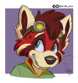 anthro blue_eyes brown_nose clothed clothing eyewear eyewear_on_head front_view fur goggles goggles_on_head green_clothing green_topwear grin hair logo looking_aside male male_anthro purple_background red_body red_fur red_hair short_hair simple_background smile solo tan_body tan_fur topwear whiskers young young_anthro young_male pandapaco ailurid mammal red_panda artist_logo bust_portrait portrait signature