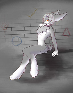 4_toes 5_fingers anthro big_breasts breasts brick brick_wall claws collar collar_pull curvy_figure ear_piercing ears_back feet female fingers fluffy fluffy_chest fluffy_feet fur graffiti grey_background grey_body grey_fur grey_hair grey_tail hair hourglass_figure jewelry long_ears long_hair looking_at_viewer markings nude nude_female orange_eyes pattern_background piercing pivoted_ears pose raised_leg shadow short_hair short_tail simple_background sitting sitting_on_ground slim_anthro slim_female smile smiling_at_viewer smirk smirking_at_viewer solo striped_markings stripes tail thick_thighs toes wall_(structure) white_body white_feet white_fur white_hands kemoniko54 felid feline hybrid lynx mammal greyscale hi_res monochrome