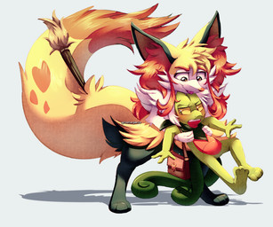 3_fingers 3_toes ambiguous_anthro ambiguous_gender annoyed anthro arm_tuft biped black_body black_fur blep blush brush cheek_tuft digitigrade dipstick_tail duo eyebrows facial_tuft feet fingers fluffy fluffy_tail front_view fur green_body grey_background head_tuft hip_tuft holding_another inner_ear_fluff kerchief kerchief_only looking_at_another looking_away looking_down looking_down_at_another markings messenger_bag mostly_nude mostly_nude_ambiguous mostly_nude_anthro multicolored_body multicolored_fur neckerchief neckerchief_only neckwear object_in_tail orange_body orange_fur orange_inner_ear_fluff orange_tail_tip paintbrush plantigrade pointy_ears prick_ears red_body red_fur shadow shoulder_bag shoulder_tuft simple_background size_difference snout standing tail tail_markings tapering_snout teeth toes tongue tongue_out tuft two_tone_tail white_body white_fur yellow_body yellow_eyes yellow_fur yellow_sclera yellow_tail teeterglance nintendo pokemon pokemon_mystery_dungeon spike_chunsoft erin_(teeterglance) tabor_(teeterglance) braixen canid generation_3_pokemon generation_6_pokemon mammal pokemon_(species) treecko 6:5 colored digital_drawing_(artwork) digital_media_(artwork) english_description hi_res shaded female_(lore) male_(lore)
