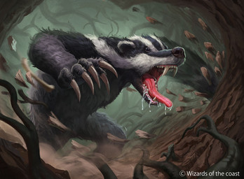 ambiguous_gender angry black_body black_fur bodily_fluids bone claws feral fur open_mouth roots saliva sharp_teeth solo standing teeth tongue tongue_out white_body white_fur leonardo_santanna hasbro magic:_the_gathering wizards_of_the_coast badger mammal mustelid musteline digital_media_(artwork) official_art