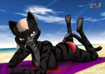 anthro bikini clothing female red_eyes sand solo stripes sun swimwear two-piece_swimsuit blackreaper_bk201 microsoft the_elder_scrolls schnurrt_beim_knuddeln felid khajiit mammal absurd_res hi_res