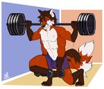 2_tails 4_arms 4_pecs 4_toes anthro barbell blue_eyes bodily_fluids bottomwear brown_ears brown_hair clothing digitigrade dumbbell exercise feet hair logo looking_ahead lunge_pose male multi_arm multi_limb multi_pecs multi_tail multifur muscular muscular_male pecs purple_bottomwear purple_clothing purple_shorts short_hair shorts simple_background solo sweat sweatdrop tail toes weightlifting weights workout mei5683 chipfox canid canine fox mammal red_fox true_fox artist_logo artist_name signature