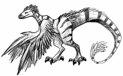 ambiguous_feral ambiguous_gender claws feathered_wings feathers feral head_feathers markings mouth_closed side_view simple_background solo striped_legs striped_markings striped_neck striped_tail stripes tail tail_markings tail_tuft toe_claws tuft wings hufnaar dinosaur dromaeosaurid prehistoric_species reptile saurischian scalie theropod 16:10 monochrome widescreen