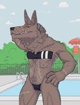 anthro black_nose brown_body brown_fur clothed clothing cloud detailed_background fangs female fence fur lifeguard_tower multi_nipple nipples one-piece_swimsuit outside poolside scar sky solo standing swimming_pool swimwear teeth translucent translucent_clothing translucent_swimwear yellow_eyes xenopera gris_swimsuit meme_clothing mythology sergeant_(xenopera) canid canine mammal mythological_canine mythological_creature werecanid werecanine werecreature werewolf 2022 digital_media_(artwork) hi_res meme