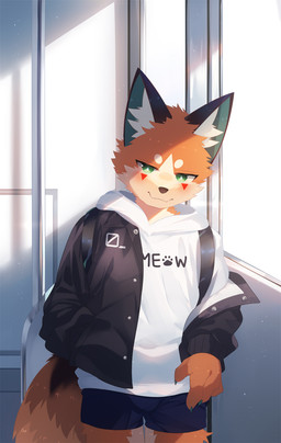 anthro backpack blue_bottomwear blue_clothing blue_shorts bottomwear cheek_tuft claws clothing detailed_background facial_tuft finger_claws fur green_eyes hand_in_pocket hoodie inner_ear_fluff inside inside_train jacket kemono male orange_body orange_fur pockets shadow shorts smile solo standing tan_body tan_fur text topwear train tuft vehicle white_clothing white_hoodie white_topwear nekojita foxy_(nekojita) canid canine fox mammal red_fox true_fox digital_media_(artwork) english_text hi_res shaded