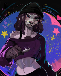 5_fingers anthro beanie black_hair black_nose blue_eyes bottomwear clothed clothing eyewear female fingers freckled_face freckles fully_clothed fur glasses grey_body grey_fur hair hat headgear headwear joint midriff open_mouth pants round_glasses shirt short_hair solo teeth topwear wearing_glasses murlbius canid canine canis domestic_dog mammal 2026 hi_res