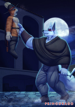 anthro boots bottomwear clothing duo footwear male male/male melee_weapon moon muscular outside pants red_eyes shoes spiral spiral_eyes sword weapon primodrago dreamworks puss_in_boots_(franchise) death_(puss_in_boots) puss_in_boots_(dreamworks) canid canine canis domestic_cat felid feline felis mammal wolf hi_res