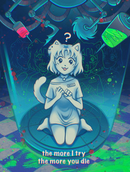 2_heads anthro anthrofied bodily_fluids bottomless clothed clothed_female clothing collar death female female_anthro flat_chested foaming_at_mouth hair high-angle_view hospital_gown kneeling looking_at_viewer multi_head numbered_tag oblivious open_mouth open_smile oversized_clothing oversized_shirt oversized_topwear question_mark sawblade shirt shirt_only smile solo syringe tail tears text topwear topwear_only tube white_body white_clothing white_hair x_eyes plsnnn mewgenics stacy_(mewgenics) domestic_cat felid feline felis humanoid mammal 2026 chromatic_aberration digital_media_(artwork) english_text hi_res