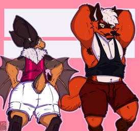 big_arms big_butt bottomwear butt clothed clothing duo front_view looking_back male shirt shorts tank_top topwear grizzledcroc nintendo pokemon koscho savvy_sebastian bat generation_8_pokemon mammal mouse murid murine pokemon_(species) rodent thievul absurd_res hi_res