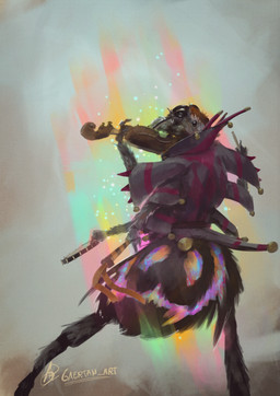 anthro carapace clothed clothing dancing digitigrade fantasy looking_at_viewer looking_back looking_back_at_viewer musical_instrument solo gaertan arachnid araneomorph arthropod jumping_spider peacock_spider spider digital_drawing_(artwork) digital_media_(artwork) hi_res