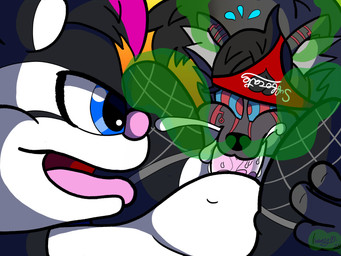 anthro bodily_fluids clothing cross-eyed cum cum_in_mouth cum_inside duo ejaculation fellatio fishnet_clothing fishnet_legwear genital_fluids hypnotic_eyes legwear male male/male oral penetration penile penile_penetration ringed_eyes sex smell smelly tongue tongue_out underwear samylestinker bandai_namco digimon samy_(samylestinker) canid canine mammal mephitid skunk 4:3 absurd_res hi_res