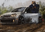 anthro biped car clothing detailed_background looking_at_viewer male male_anthro open_mouth solo tail vehicle racoonwolf volkswagen volkswagen_golf felid mammal pantherine tiger