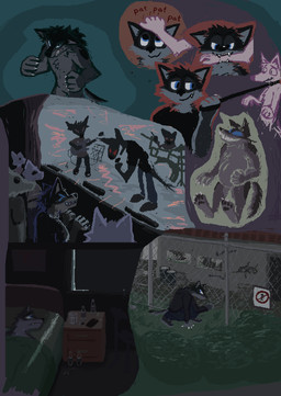 anthro arm_bite band bed bite black_body black_fur blue_eyes collar concert detailed_background fence fur furniture grass grey_body grey_fur grin group leash leash_pull male petting plant smile demensa clint_(clintowolfo) canid canine canis mammal wolf 2020 digital_media_(artwork) hi_res pixel_(artwork)