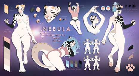anthro biped blue_eyes bottomwear clothing ear_piercing female female_anthro fur genitals hoodie horn piercing pink_clothing pink_eyes shorts solo tail text topwear vulva wear white_body white_fur smileeeeeee nebula_(smu) felid feline mammal english_text hi_res model_sheet
