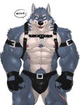 abdominal_scar abs anthro arm_scar arm_tuft armband barbell_piercing beard belt biceps black_claws black_clothing black_gloves black_handwear black_jockstrap black_underwear blue_body blue_eyes blue_fur blue_hair bulge chest_tuft claws clothing deltoids dialogue elbow_tuft eye_scar eyebrow_piercing eyebrow_slit eyebrow_stud eyebrows eyewear facial_hair facial_piercing facial_scar finger_claws fingerless_gloves fur glasses gloves gold_(metal) hair handwear harness hip_scar jockstrap leather leather_clothing leather_underwear leg_scar looking_at_viewer male muscular muscular_anthro muscular_male muscular_thighs navel nipples open_mouth pecs piercing pubes rectangular_glasses scar shoulder_scar simple_background solo speech_bubble tuft underwear vein veiny_muscles white_background woof_(sound_effect) meocondainhan viktor_(storiaxion) canid canine canis mammal wolf hi_res