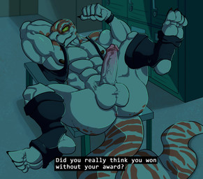 4_toes abs anthro anus balls biceps big_balls big_muscles big_penis butt clothing dark dialogue erection feet genitals huge_balls huge_penis humanoid_genitalia humanoid_penis leggings legwear locker_room lying male markings muscular muscular_anthro muscular_male nipples nude on_back penis solo spots striped_markings striped_tail stripes tail tail_markings text toes topwear vest wrestler xdarkspace humanoid reptile scalie snake english_text hi_res