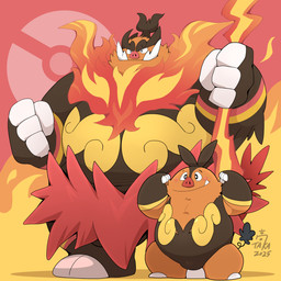4_fingers anthro biped brown_body bulge duo fingers kemono male orange_body overweight overweight_male simple_background standing takataka nintendo pokemon generation_5_pokemon generation_9_pokemon mega_emboar mega_evolution pignite pokemon_(species) 1:1 2025 absurd_res hi_res