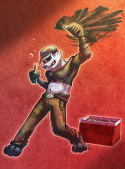 4_toes anthro armpit_hair barefoot beverage black_nose body_hair clothed clothing drunk eyes_closed feet food hat headgear headwear holding_object holding_weapon male plantigrade solo substance_intoxication toes topless weapon omegaro tairu bear giant_panda mammal