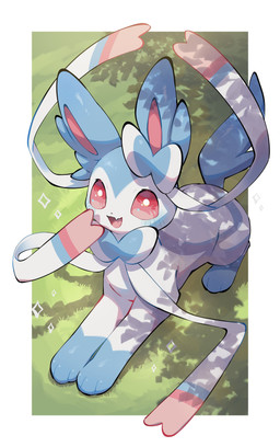 ambiguous_gender blue_body blue_fur blush blush_lines border cute_fangs fangs feral fur gloves_(marking) grass happy leg_markings looking_at_viewer markings open_mouth open_smile outside pink_inner_ear pink_tongue plant quadruped red_eyes ribbons_(anatomy) simple_background sitting sitting_on_ground smile socks_(marking) solo teeth tongue white_body white_border white_fur nullma nintendo pokemon eeveelution generation_6_pokemon pokemon_(species) shiny_pokemon sylveon absurd_res hi_res