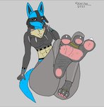 3_toes abs anthro athletic athletic_anthro bodily_fluids clothing digit_ring feet female foot_fetish foot_focus hoodie humanoid_feet jewelry pawpads paws plantigrade ring soles solo sweat sweaty_feet teasing toe_ring toes topwear alzar_fox nintendo pokemon alexis_(alzar_fox) generation_4_pokemon lucario mammal pokemon_(species)