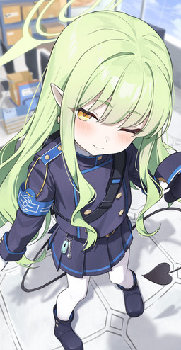 blue_clothing blue_hat blue_headwear blush bottomwear clothing female female_humanoid gloves green_hair hair halo handwear hat headgear headwear heart_tail legwear one_eye_closed pantyhose pointy_ears prick_ears skirt tail white_clothing white_gloves white_handwear white_legwear white_pantyhose yellow_eyes young young_female young_humanoid nashipple1 blue_archive nexon hikari_(blue_archive) demon demon_humanoid humanoid tailed_humanoid absurd_res hi_res