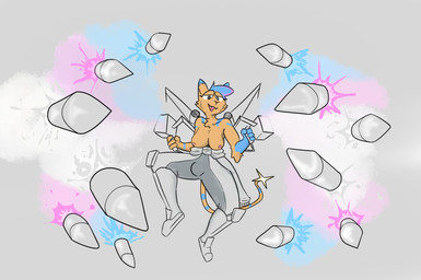 anthro blue_hair blue_markings breasts bulge clothed clothing fur gynomorph hair intersex lgbt_pride looking_at_viewer markings missile missile_pod missiles nipples open_mouth orange_body orange_fur pointy_ears pride_colors ranged_weapon robot_suit solo sparkles sparkling_eyes tail topless transgender_pride_colors weapon shellsist ultima_(socialcumdump) felid mammal hi_res