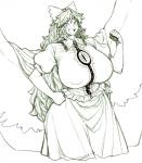 :d accessory big_breasts bottomwear breasts cape clothed clothing feathered_wings feathers female hair hair_accessory hair_ribbon hand_on_hip huge_breasts long_hair nipple_outline open_mouth ribbons shirt skirt smile teeth tongue topwear wings space_zin touhou utsuho_reiuji animal_humanoid avian avian_humanoid humanoid greyscale hi_res monochrome