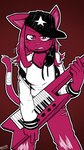 anthro big_breasts black_clothing black_hat black_headwear black_jacket black_topwear bodily_fluids bottomwear breasts breath cleavage clothed clothing facial_scar female fur furgonomics hat headgear headwear holding_musical_instrument holding_object jacket keyboard_instrument keytar looking_at_viewer musical_instrument panting pants pink_body pink_bottomwear pink_clothing pink_eyes pink_fur pink_inner_ear pink_pants pupils scar shirt slit_pupils solo sweat tail tail_wraps topwear white_clothing white_jacket white_shirt white_topwear wraps felino stardust_(tricktrashing) domestic_cat felid feline felis mammal 2023 9:16 hi_res restricted_palette