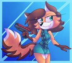 anthro bottomwear breasts brown_body brown_fur brown_hair clothing female fluffy fluffy_tail fur green_eyes hair laser_gun multicolored_body multicolored_fur orange_body orange_fur ranged_weapon shirt shorts smile snaggle_tooth solo tail topwear weapon white_body white_fur cyan-sky macy canid canine fox mammal