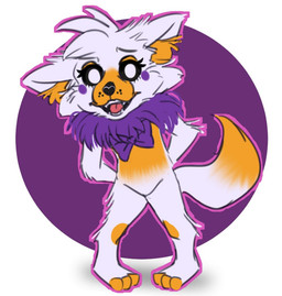 anthro black_sclera chibi eyelashes female fur hair hands_behind_back head_tuft inner_ear_fluff open_mouth orange_body orange_fur purple_cheeks shy solo tongue tuft white_body white_eyes white_fur brannahgirl five_nights_at_freddy's five_nights_at_freddy's_world scottgames lolbit_(fnaf) canid canine fox mammal