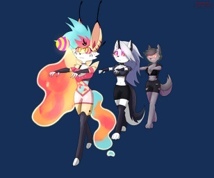 abs absolute_territory antennae_(anatomy) anthro arms_out big_ears big_tail black_bottomwear black_clothing black_crop_top black_hair black_shirt black_shorts black_topwear blank_stare blue_hair bottomwear clothing collar crop_top crossgender digitigrade eye_scar eyelashes facial_scar female fingerless_gloves floating_object fur gloves glowing glowing_eyes goo_hair goo_tail group hair handwear hypnosis legwear long_eyelashes midriff mind_control mtf_crossgender muscular muscular_female navel notched_ear pink_bottomwear pink_clothing pink_shorts pseudo_hair red_hair ringed_eyes scar shirt shorts simple_background small_waist spiked_collar spikes striped_ears tail text thigh_highs toeless_legwear toeless_stockings topwear torn_bottomwear torn_clothing torn_shorts transparent_background trio twitter_handle walking white_body white_fur white_hair yellow_body yellow_fur zombie_walk thegiftedfire hellaverse helluva_boss mythology loona_(helluva_boss) queen_bee-lzebub_(helluva_boss) vortex_(helluva_boss) arthropod bee canid canid_demon canine canis demon fox hellhound hymenopteran insect mammal mythological_canine mythological_creature wolf 2026 alpha_channel artist_name hi_res