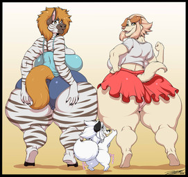 anthro big_breasts big_butt bottomwear breasts brown_hair butt camel_toe clothing female fur group hair larger_female male open_mouth panties pink_hair shirt shorts size_difference skirt smaller_male striped_body striped_fur stripes teeth thick_thighs topwear trio underwear white_body white_fur white_hair yellow_eyes deonwolf maxine_rustle shomari_ruffin canid canine canis domestic_dog equid equine mammal wolf zebra 2020 digital_media_(artwork)